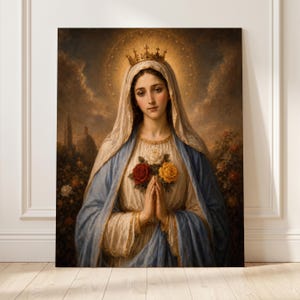 Our Lady of the Mystical Rose Catholic Oil Painting Print, Religious Wall Art (Digital Download)