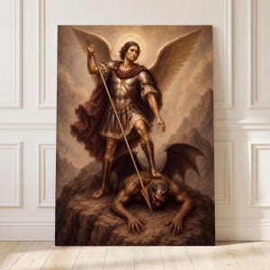 Puede incluir: Un lienzo vertical que representa a un ángel con grandes alas, vestido con una armadura de estilo romano y una capa roja, de pie sobre un acantilado rocoso. El ángel sostiene una lanza larga apuntando hacia una criatura oscura y cornuda.