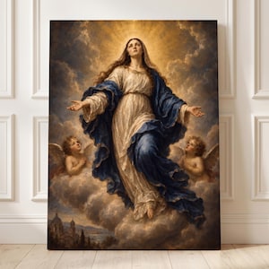 May include: A rectangular canvas print depicting a figure with long hair wearing a white gown and a flowing blue mantle, ascending amidst golden clouds and light. Two winged cherubs flank the figure, with a distant cityscape visible below.