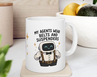 Taza de agente de IA / Taza de café con robot de cinturones y tirantes, taza con humor para desarrolladores