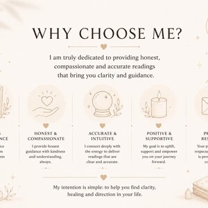 May include: A beige informational graphic titled WHY CHOOSE ME? featuring five icons: tarot cards, a heart in a hand, a crystal ball, a candle, and an envelope. Text details 16+ years of experience, honesty, accuracy, support, and privacy.