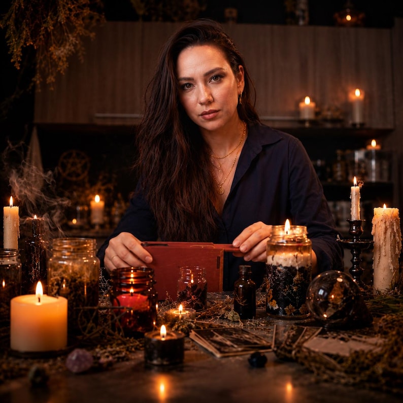 May include: A person with long dark hair wearing a dark blue collared shirt, positioned behind a table filled with various lit candles, glass jars containing herbs, a small red wooden box, a crystal ball, and scattered tarot cards.