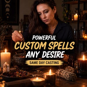 May include: A person in a dark shirt sprinkles herbs into a stone mortar. The text reads POWERFUL CUSTOM SPELLS ANY DESIRE SAME DAY CASTING. The scene includes lit candles, crystals, and dried sage bundles on a dark wooden surface.