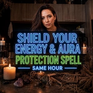 May include: A dark scene featuring multiple lit candles, scattered crystals, a small metal pentacle, and a deck of cards. Overlaid text in blue and green neon font reads: SHIELD YOUR ENERGY & AURA PROTECTION SPELL SAME HOUR.