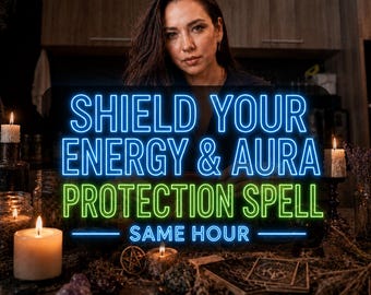 May include: A dark scene featuring multiple lit candles, scattered crystals, a small metal pentacle, and a deck of cards. Overlaid text in blue and green neon font reads: SHIELD YOUR ENERGY & AURA PROTECTION SPELL SAME HOUR.