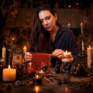 May include: A dark red rectangular wooden box with a sliding lid held by hands. The box is surrounded by multiple lit candles of varying heights, glass jars containing dried herbs, a small dark glass bottle, and a clear crystal sphere.