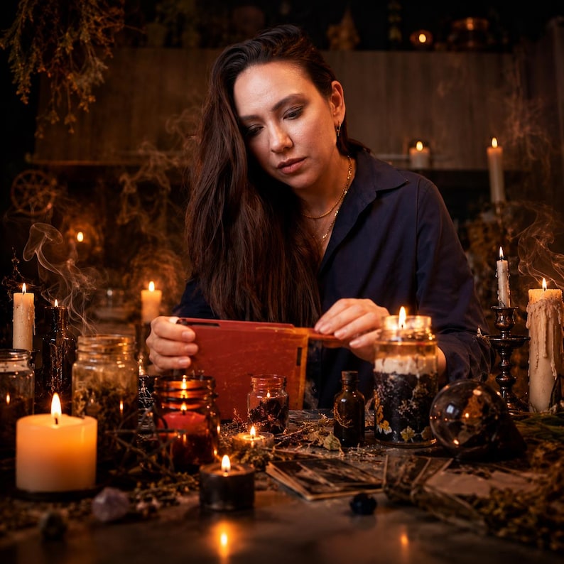 May include: A dark red rectangular wooden box with a sliding lid held by hands. The box is surrounded by multiple lit candles of varying heights, glass jars containing dried herbs, a small dark glass bottle, and a clear crystal sphere.