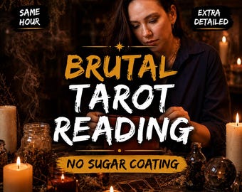 May include: A tarot reading service advertisement featuring the text BRUTAL TAROT READING, SAME HOUR, EXTRA DETAILED, and NO SUGAR COATING. The image displays a person holding a deck of cards surrounded by lit candles and small glass bottles.