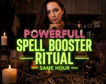 May include: A dark, atmospheric scene featuring a person behind a table with lit white candles, a crystal ball, and tarot cards. The text reads: POWERFULL SPELL BOOSTER RITUAL SAME HOUR. The lighting is dim with glowing neon-style text overlays.