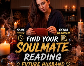 May include: A digital graphic featuring a person looking at a red tablet, surrounded by candles, crystals, and tarot cards. The text reads: SAME HOUR, EXTRA DETAILED, FIND YOUR SOULMATE READING, FUTURE HUSBAND, with clock and magnifying glass icons.