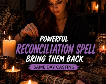 May include: A dark scene featuring candles, crystals, and a sage bundle with text that reads: POWERFUL RECONCILIATION SPELL BRING THEM BACK SAME DAY CASTING. The image includes a person in a black shirt, lit candles, and a deck of cards.