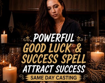 May include: A person in a dark shirt surrounded by lit candles and glass jars. The text reads: POWERFUL GOOD LUCK & SUCCESS SPELL ATTRACT SUCCESS SAME DAY CASTING. The scene includes dried herbs, crystals, and a warm, dim, atmospheric lighting.