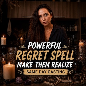 Puede incluir: Un gráfico digital con el texto POWERFUL REGRET SPELL MAKE THEM REALIZE SAME DAY CASTING en letras blancas y doradas, superpuesto sobre una escena oscura con velas encendidas, cartas de tarot dispersas y una persona al fondo.