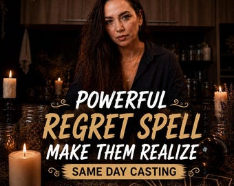 May include: A digital graphic featuring the text POWERFUL REGRET SPELL MAKE THEM REALIZE SAME DAY CASTING in white and gold lettering, overlaid on a dark scene with lit candles, scattered tarot cards, and a person in the background.
