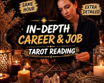 May include: A tarot reading service advertisement featuring the text SAME HOUR and EXTRA DETAILED. The central text reads IN-DEPTH CAREER & JOB TAROT READING. The scene includes lit candles, crystals, and tarot cards arranged on a dark wooden table.