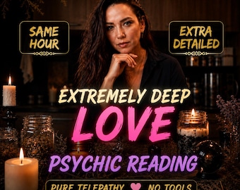 May include: A person with dark hair positioned behind a table with candles, jars, and a crystal ball. Text reads: SAME HOUR, EXTRA DETAILED, EXTREMELY DEEP LOVE PSYCHIC READING, PURE TELEPATHY, NO TOOLS. The scene is dimly lit with warm candle glow.