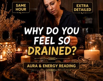 May include: A dark-themed aura and energy reading service advertisement featuring the text "WHY DO YOU FEEL SO DRAINED?", "SAME HOUR", and "EXTRA DETAILED". The scene includes multiple lit candles, glass jars, and dried herbs on a wooden table.