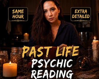 May include: A dark-themed graphic featuring the text "SAME HOUR", "EXTRA DETAILED", and "PAST LIFE PSYCHIC READING" in gold and white lettering. The image displays a person with long dark hair, multiple lit candles, and a crystal ball on a table.