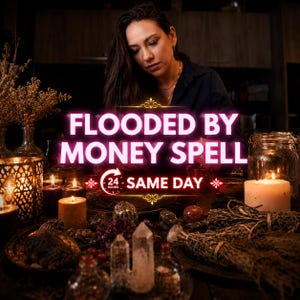 May include: A collection of ritual items including various lit candles, clear quartz crystal points, dried herbs, and glass jars. The text FLOODED BY MONEY SPELL and 24 HOURS SAME DAY is overlaid in bright pink and white against the dark, moody setting.
