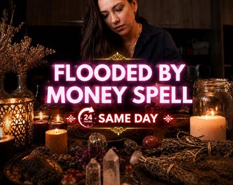 May include: A collection of ritual items including various lit candles, clear quartz crystal points, dried herbs, and glass jars. The text FLOODED BY MONEY SPELL and 24 HOURS SAME DAY is overlaid in bright pink and white against the dark, moody setting.