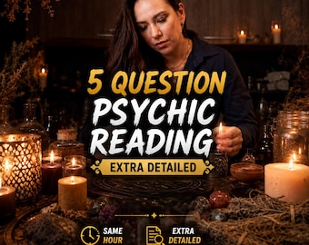 May include: A digital graphic for a 5 Question Psychic Reading service. The text reads 5 QUESTION PSYCHIC READING EXTRA DETAILED, SAME HOUR, EXTRA DETAILED, and LOVE, CAREER, MONEY, HEALTH, GUIDANCE. The background features a dimly lit room with candles.