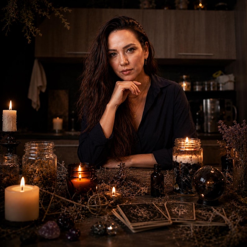May include: A dark navy button-down shirt worn by a person with long brown hair, positioned behind a table covered in lit candles, glass jars filled with dried herbs, a crystal ball, and a deck of dark tarot cards with intricate gold symbols.