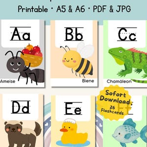 Könnte beinhalten: Zoo-Alphabet Lernkarten druckbar A5 und A6 PDF und JPG. Sechs Lernkarten mit den Buchstaben A bis F und Illustrationen von Ameise, Biene, Chamäleon, Dachs, Ente und Fisch. Enthält eine gelbe Stern-Grafik mit dem Text Sofort Download 26 Flashcards.