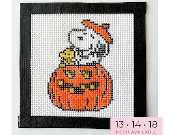 White and Black Dog Great Pumpkin Needlepoint Canvas – Hand-Painted Halloween Design