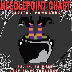 Może przedstawiać: Wzór do haftu kanwowego w formie cyfrowej z grafiką pixel art przedstawiającą czarny kociołek z zielonym płynem oraz dwie nogi w fioletowo-pomarańczowe paski. Tekst zawiera napisy NEEDLEPOINT CHART, DIGITAL DOWNLOAD oraz 13, 14, 18 MESH PDF FILES INCLUDED.