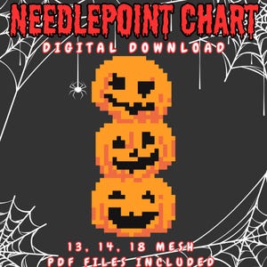 Op de afbeelding: Een digitaal needlepoint-patroon met een stapel van drie oranje, gepixelde pompoenen met zwarte gezichten. De tekst luidt NEEDLEPOINT CHART, DIGITAL DOWNLOAD en 13, 14, 18 MESH PDF FILES INCLUDED op een donkere achtergrond.