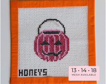 Pink Pumpkin Bucket Needlepoint Canvas, Halloween Jack O Lantern Hand Painted Needlepoint, Mini Halloween Canvas