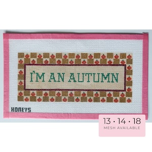 Könnte beinhalten: Eine rechteckige Stickleinwand mit einem rosa Stoffrand und einem zentralen Design mit dem Text I'M AN AUTUMN in grünen Buchstaben. Das Design enthält ein braun-beiges Karomuster mit kleinen orangefarbenen Kürbissen und dem Wort HONEYS.