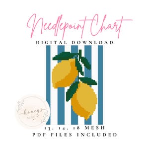 May include: A digital needlepoint chart featuring two yellow lemons with dark green leaves against a background of vertical blue and white stripes. The text reads Needlepoint Chart, Digital Download, 13, 14, 18 Mesh, PDF Files Included, and honeys.