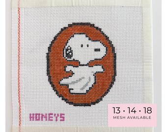 Halloween Ghost Dog Needlepoint Canvas – Hand-Painted Orange Portrait