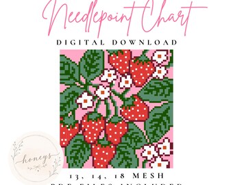 Strawberries Flowers Needlepoint Chart | PDF Stitch Pattern (Digital Download)