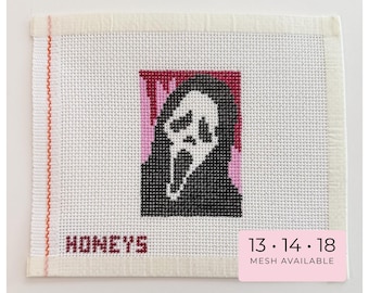 Pink Horror Mask Needlepoint Canvas – Hand-Painted Spooky Mini Design