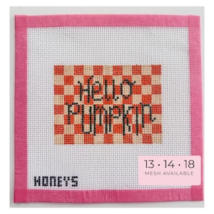 Könnte beinhalten: Ein quadratisches Stickleinen mit weißem Netzgrund und einem rosa Stoffrand. In der Mitte befindet sich ein orange-beiges Karomuster mit dem schwarzen Text "HELLO PUMPKIN". Die Wörter "HONEYS" und "13 14 18 MESH AVAILABLE" sind aufgedruckt.