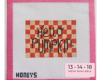 Hello Pumpkin Needlepoint Canvas, Hand-Painted Fall Checkerboard