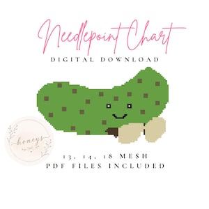 May include: A digital needlepoint chart featuring a pixelated green pickle with brown spots and a smiling face. The text reads Needlepoint Chart, DIGITAL DOWNLOAD, and 13, 14, 18 MESH PDF FILES INCLUDED. A circular logo with the word honeys is visible.