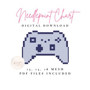 May include: A digital needlepoint chart featuring a pixelated light blue video game controller graphic. The text reads Needlepoint Chart, Digital Download, 13, 14, 18 Mesh, and PDF Files Included. A small circular logo with the text honeys is present.