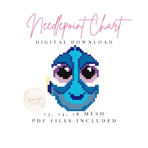 Può includere: Uno schema digitale per mezzo punto raffigurante un pesce blu pixelato con grandi occhi neri. Il testo recita Needlepoint Chart, Digital Download, 13, 14, 18 Mesh, PDF Files Included. È visibile un logo circolare con il testo honeys.