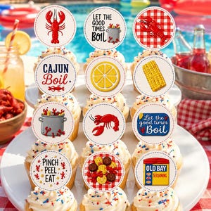 Seafood Boil Cupcake Toppers | Crawfish Cajun Party Decorations (Digital Download)