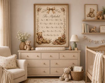 Lámina vintage con el alfabeto y ositos de peluche / Decoración de pared neutra para habitación infantil / Póster ABC imprimible / Decoración para habitación de bebé / Descarga digital