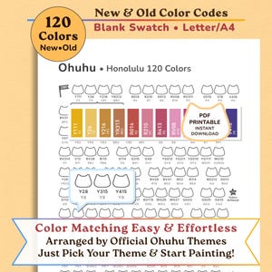 Ohuhu Honolulu 120 Swatch Chart •  Kawaii Cat Shape, Blank Color Swatch Sheet (Printable PDF) New & Old Codes •  Letter/A4, Instant Download