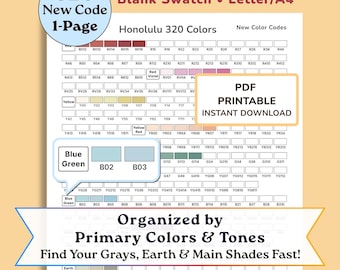 Tabla de muestras de color Ohuhu Honolulu 320 • Nuevos códigos (PDF imprimible) Hoja de muestras en blanco (solo nueva) 1 página • Carta estadounidense / A4 / Descarga instantánea