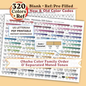 Tabella campioni Ohuhu 320 Honolulu, PDF precompilato/vuoto, codici nuovi e vecchi / Foglio di riferimento colori pennarello alcolico US Letter / A4 / Download immediato