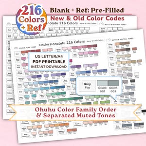 Puede incluir: Una carta de colores digital para marcadores Ohuhu Honolulu 216, con una cuadrícula de muestras de color con códigos, organizada por familias y tonos. El documento incluye etiquetas de texto como 'Blank + Ref: Pre-Filled', 'US LETTER/A4 PDF PRINTABLE' y 'Grey Fog'.
