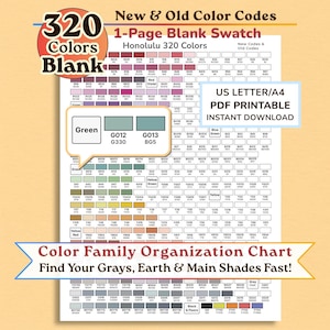 May include: A 1-page blank swatch chart titled Honolulu 320 Colors, featuring a grid of rectangular boxes for color codes. The document includes text labels for color families like Green, Yellow, and Grey, and notes US Letter/A4 PDF printable.
