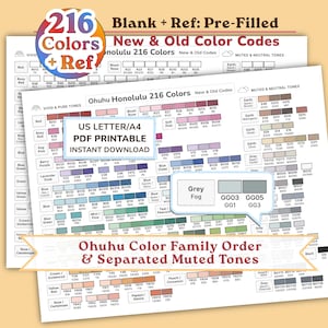Könnte beinhalten: Eine druckbare Ohuhu Honolulu 216 Farbkarte mit einem Raster aus Farbfeldern und den dazugehörigen Codes. Das Dokument enthält Abschnitte für lebendige, reine und gedämpfte neutrale Töne mit Textbeschriftungen wie US LETTER/A4 PDF PRINTABLE.