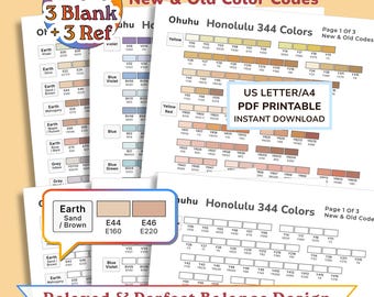 Puede incluir: Un conjunto de tablas de referencia de color imprimibles para marcadores Ohuhu Honolulu 344, con cuadrículas en blanco y prellenadas con códigos de color nuevos y antiguos. Los documentos incluyen etiquetas para familias de colores como Earth, Blue y Violet, en formato A4.